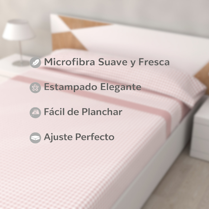 Juego de Sábanas Vichy Rosa de 3 Piezas Suaves, Frescas y Bajera Ajustable 100% Microfibra